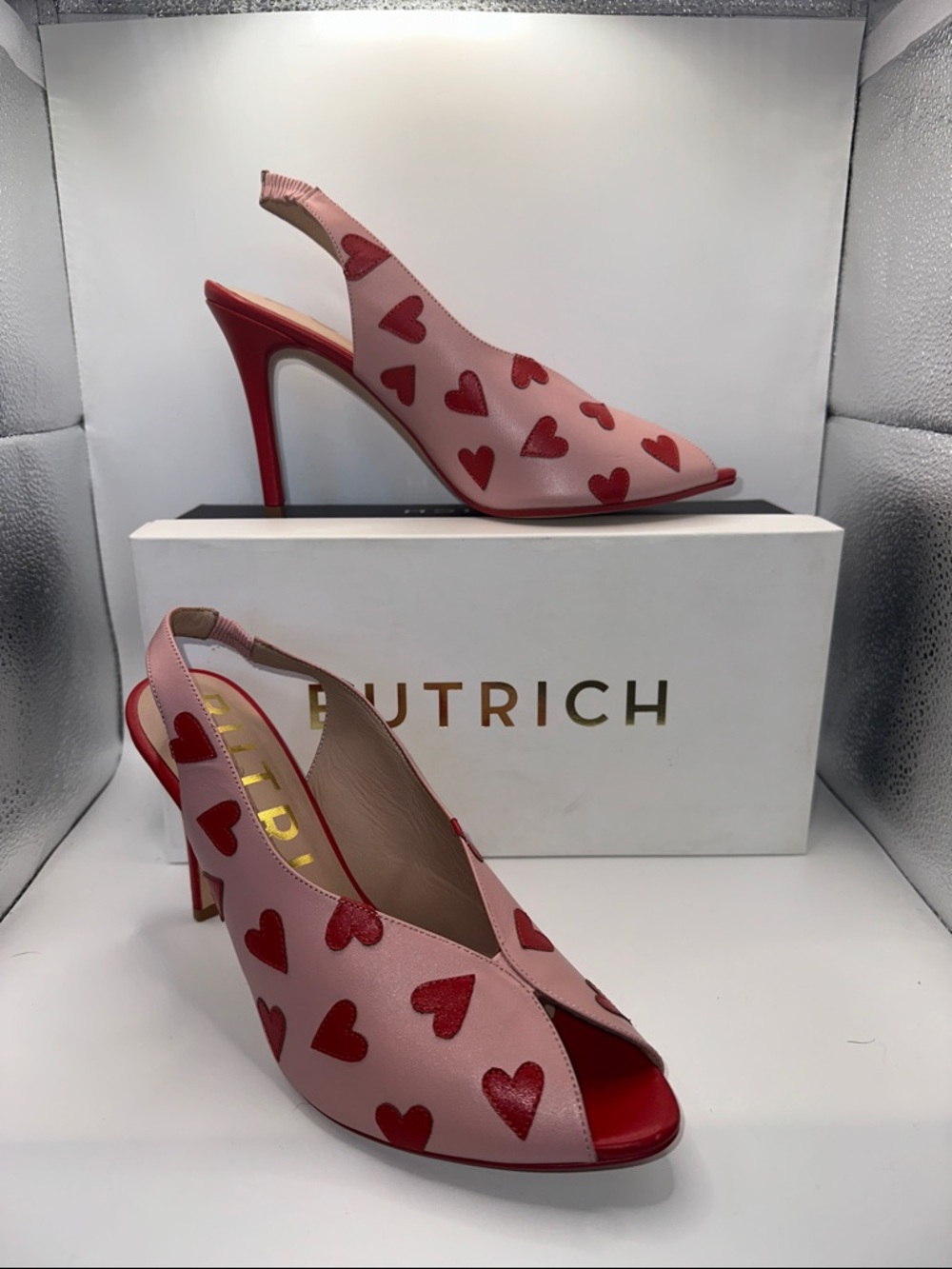 Butrich Pink Leather Slingback Heel with Red Hearts